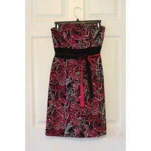 LOFT Ann Taylor Sz 4P Strapless Dress Black Pink White Abstract A-Line Lined